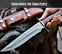 Couteau Bowie à lame fixe en acier Damas fait main avec manche en bois de rose et étui en cuir fin, couteau de survie pour la chasse en plein air