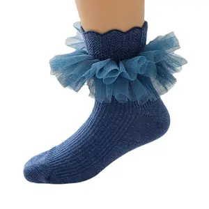 女婴膝高袜1-10岁新生儿针织棉管褶边镂空踝短袜蕾丝蝴蝶结