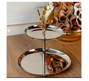 Supports à étages en argent et or Supports à gâteaux Dômes à gâteaux Supports à gâteaux Bols Plateaux Plats Boarder avec motif floral Acier inoxydable - Product Image 3