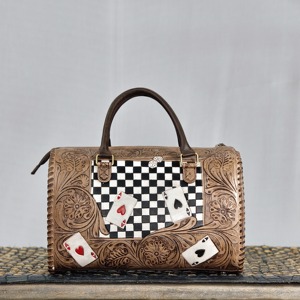 Luxury Handmade Leather Duffel Bag With Checkered Pattern And <b>Playing</b> <b>Cards</b> Design Tan Color Zipper Closure Shoulder Handbag - Product Image 1