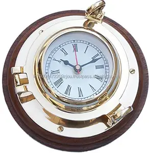 Porthole Nautical Clock Wooden Wall Clock 10 inch Round Brass Ring Wall and Home Decor