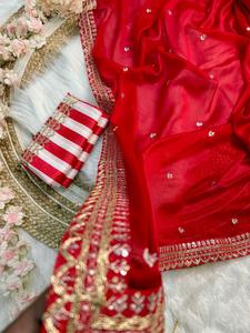 Sari rojo de seda suave de diseñador indio clásico de moda última fiesta nupcial exclusiva ropa de boda con blusa étnica para mujeres niñas - Product Image 3