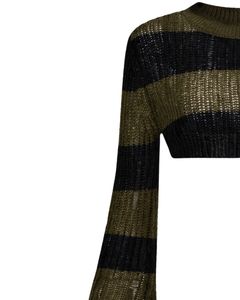 Pull court en tricot crocheté à rayures noires et olive personnalisé pour femmes, manches longues évasées, ajouré, délavé, tendance, haut d'hiver - Product Image 2