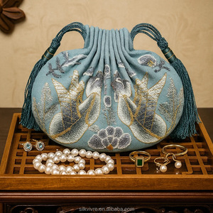 高級手作り100%シルク絹織刺繍ジュエリーポーチ |   オリエンタルアートギフトバッグ - Product Image 5