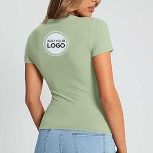Camisas de manga corta acanaladas para mujer, camiseta informal con cuello de pico, Camisetas básicas ajustadas en capas, Tops para salir a entrenar a la moda - Product Image 1