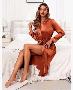 Ekouaer Albornoz de satén de manga larga para mujer, ropa de dormir completa suave y ligera, Natural hasta el suelo, batas de fiesta de boda para dama de honor - Product Image 2