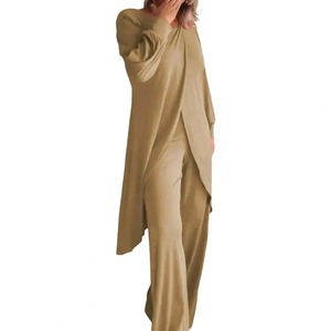 Conjunto de dos piezas elegante blusa con dobladillo irregular conjunto de pantalones de pierna ancha para mujeres de talla grande elegante traje de oficina con mangas largas - Product Image 4