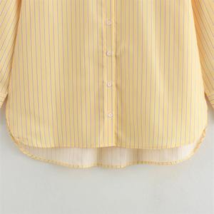 2025 Autumn New Product <b>Women's</b> 100% Cotton Casual Versatile <b>Polo</b> Collar Long Sleeve Loose Striped <b>Shirt</b> - Product Image 3
