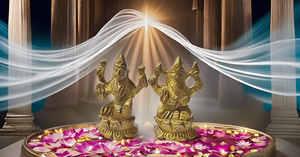 Ganesha and Laxmi Sitting on Lotus Brass Statue Indian Handcrafted Religious Sculpture of Ganesha and laxmiji - Product Image 2