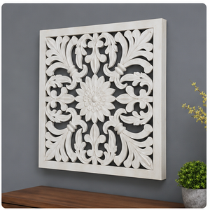 Panel de Pared Cuadrado de Madera Hecho a Mano, Arte Decorativo Floral, Adorno Colgante Tradicional Hecho a Mano, Blanco - Product Image 1