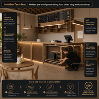 Comptoir de café en lattes de bois, design intérieur de café, menu mural en tableau noir, chaise en rotin, ensemble de meubles de café, aménagement personnalisé de magasin