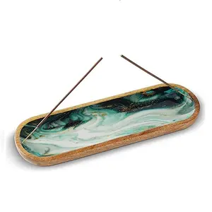 Porte-bâtons d'encens en bois de forme ovale avec impression de couleur d'agate verte, plateau d'encens en bois de 12 pouces de Long pour bâtons - Product Image 1