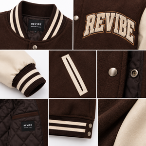 เสื้อแจ็คเก็ต Letterman แบบกำหนดเองสำหรับผู้ชาย ตัวเสื้อทำจากผ้าขนสัตว์ผสม แขนเสื้อทำจากหนังสังเคราะห์ ปักลายปะติด ผลิตโดยผู้ผลิตเสื้อผ้าขายส่งแบบ OEM - Product Image 6