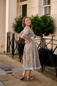 Bohemian Mimosa Dress Hand Block Printed Cotton Dress Yellow <b>White</b> Grey Summer Casual Wear - Product Image 3