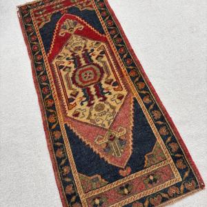 Vintage Small Rug, 1.8x4.3 ft Turkish Rug, <b>Red</b> Patchwork <b>Wool</b> Rug - Product Image 2