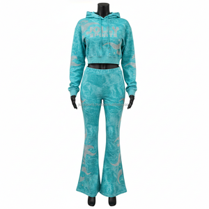 <b>Women</b> Premium Tracksuit 300GSM Soft Plush <b>Teal</b> Color fashion wholesale Rhinestone HeatPress Custom Logo Set Tracksuits Plus size - Product Image 6