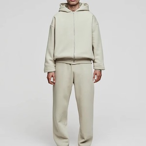 Survêtement beige pour homme, manches longues, capuche zippée, couleur unie, coupe décontractée, 100% coton, vêtements d'automne, poches latérales - Product Image 1