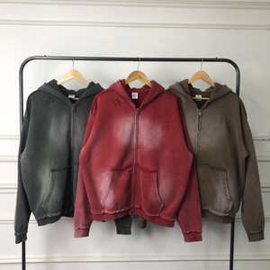 Sweat à capuche zippé vintage brodé respirant pour homme, en molleton de coton épais délavé, avec poche, style streetwear - Product Image 1