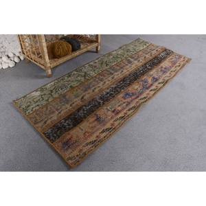 Tapis turc traditionnel vintage de 1.7x4 pieds marron beige motif patchwork écologique laine à poils moyens support en latex - Product Image 2