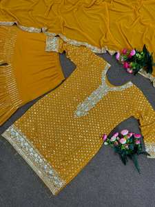 Belle fantaisie broderie lourde 5mm paillettes travail haut Sharara Dupatta nouvelle fête porter style Bollywood indien pakistanais vêtements - Product Image 2