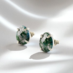 925 Silver Gold Plated <b>Teardrop</b> Faceted Moss Agate Gemstone Prong Set <b>Studs</b> <b>Earrings</b> Jewelry - Product Image 3