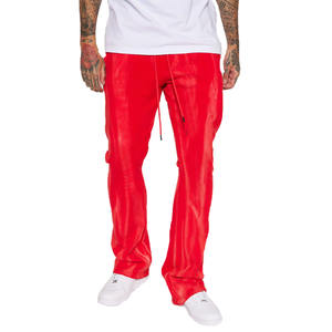 Pantalones de chándal acampanados apilados lavados rojos hechos en fábrica para hombre, pantalones de chándal hechos a medida con cordón en la cintura y bolsillos - Product Image 1