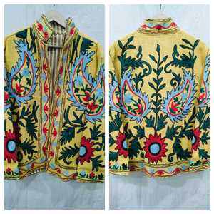 Sujani <b>Ladies</b> Outerwear <b>Jacket</b> Khadi Cotton Varsity Style Satin Linen Fringes <b>Sequins</b> Patchwork Custom Double Breasted for Fall - Product Image 1