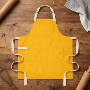 Classic Yellow Sleeveless Bib <b>Apron</b> with Three Pockets Canvas Woven Machine Washable for Cooking Daily Use - Product Image 1