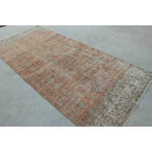 Vintage Rug, 4.4x9.9 ft Turkish Rug, <b>Brown</b> Blue Camouflage <b>Wool</b> Rug - Product Image 4