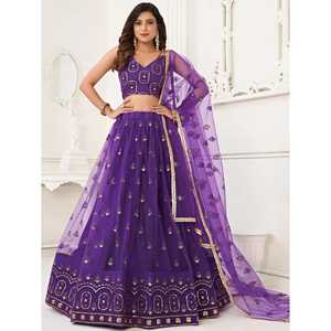 ชุดเลเฮนกาโชลีผ้าตาข่ายปักเลื่อมสีม่วงสุดหรูสำหรับงานแต่งงาน - Product Image 4