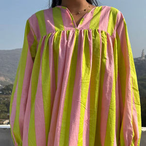 Vestido Maxi de Algodón Hecho a Mano, 100% Transpirable, a Rayas, Manga Larga, Cuello en V, Estilo Boho, Vestido Casual de Verano para Mujer, Nueva Llegada 2026 - Product Image 1