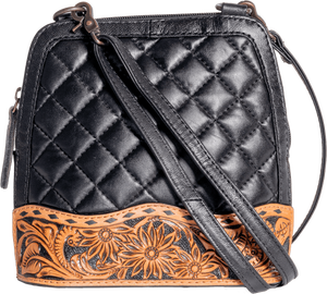 กระเป๋าหนังแท้คุณภาพสูง 100% แบบสะพายข้าง สีดำ ลายดอกไม้แกะสลักด้วยมือ ผลิตตามสั่ง ใช้ได้ทุกฤดู - Product Image 1