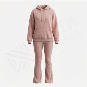 Ensemble deux pièces décontracté pour femme, hiver, avec logo personnalisé, comprenant une veste et un pantalon évasé, idéal pour le sport et le fitness, 100% coton. - Product Image 1