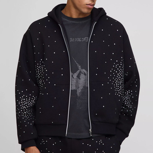 Latest Design Custom <b>Oversized</b> Boxy Rhinestone Zip Through Hoodie & <b>Jogger</b> Set Breathable Cotton Blended Rhinestone Tracksuit - Product Image 1