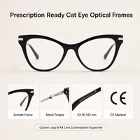 Montures de lunettes optiques œil de chat en acétate avec branches en métal, prêtes pour verres correcteurs, logo personnalisé, OEM, vente en gros 52 16 142
