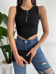 เสื้อกั๊กครอปแขนกุดมีซิปสีดำสำหรับ2024ของผู้หญิงเสื้อกั๊กดีไซน์ถักสำหรับเด็กผู้หญิงกระโปรงสั้น - Product Image 3