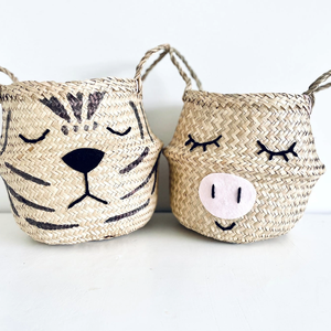 Cute Handwoven Seagrass Belly <b>Basket</b> Pig Face Toy Laundry <b>Storage</b> Organizer for <b>Baby</b> Room Bathroom Living Room - Product Image 4