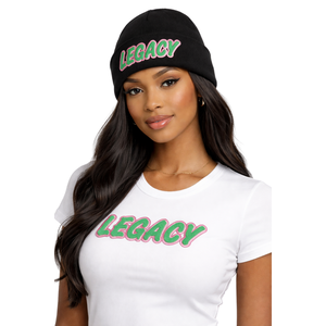 Gorro Negro 08 Legacy, Gorro de Punto para Mujer, Hermandad Universitaria Griega, Rosa y Verde, Ropa de Invierno para Hermandad Universitaria - Product Image 1