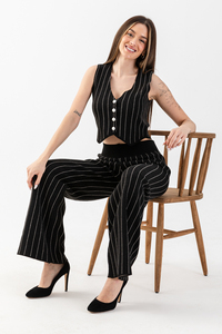 Traje de punto a rayas para mujer de alta calidad, cómodo y elegante, chaleco con botones, conjunto de pantalones, traje de punto para el trabajo, Diario, reuniones - Product Image 4
