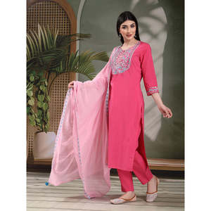 Women's Solid Embroidered Cotton Kurta Set with Chiffon <b>Pyjama</b> & Dupatta - Product Image 5