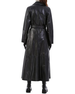 Classic <b>Black</b> Real Sheep Leather Men's Fleece Jacket Long <b>Button</b> Closure Lapel Collar Belted Faux Fur Lining Breathable - Product Image 2