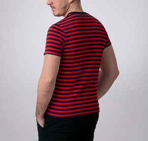 เสื้อยืดผู้ชายทรงปกติ ผ้าคอตตอน 100% น้ำหนักเบา 180 GSM แบบถัก ลายทาง ย้อมเส้นด้าย คอทรงโอ ผลิตโดย OEM  สามารถปรับแต่งโลโก้และป้ายได้ - Product Image 2