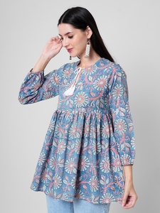 Vestidos largos con estampado floral, prendas de vestir, Tops cortos, Vestido corto, Vestido de manga completa, telas impresas en bloques hechas a mano, fabricación de prendas - Product Image 2