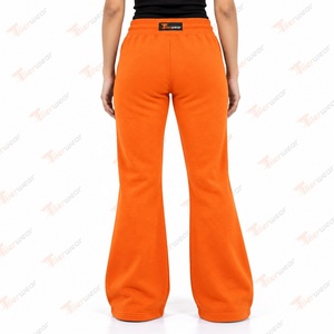 Pantalon flare orange pour femme en polaire, taille mi-haute à cordon de serrage, coupe décontractée, longueur intégrale, couleur unie, avec poches, coupe ample, pour l'automne - Product Image 4