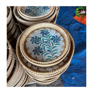 Plateau de service en mosaïque de rotin et de nacre, plateau en mosaïque de rotin naturel tissé à la main pour la décoration de la maison, vente en gros - Product Image 1