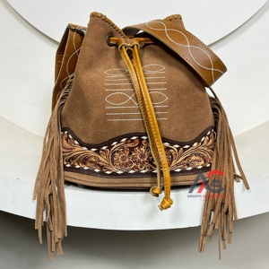 Wholesale Popular Boot Stitch Suede <b>Leather</b> Shoulder Bucket <b>Handbags</b> for Women Western Genuine <b>Leather</b> Drawstring Designer Purse - Product Image 1