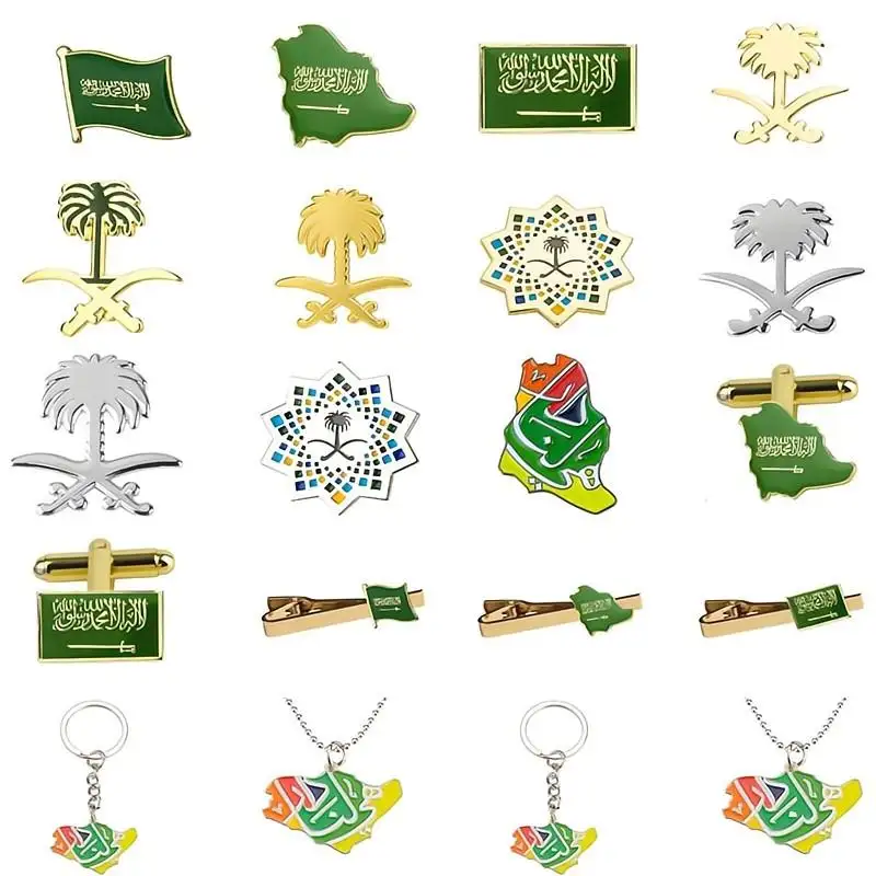 91 Saudi-Arabië Souvenirs Uae Saudi Nationale Dag Metalen Epoxyhars Emaille Manchetknopen Vlag Emaille Knoophoes Manchetknopen