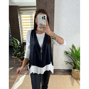 Women's <b>Long</b>-<b>Sleeve</b> Asymmetrical Viscose Blouse and Cracked Leather Look <b>Vest</b> Two-Piece Set, 21105 - White - Product Image 2