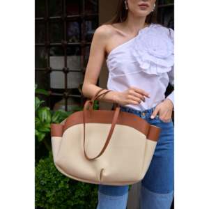 The Voler Contrast Tan Faux Leather Tote Bag for Women, Stylish Everyday Shoulder Handbag with Spacious Interior - Product Image 1