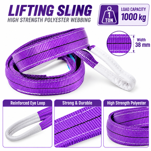 Provina Sangles plates en sangle plate en polyester violet personnalisées, 1 tonne, haute résistance, 2 plis, 38 mm, œillets sur chaque extrémité, facteur de sécurité 8:1, usage intensif - Product Image 4